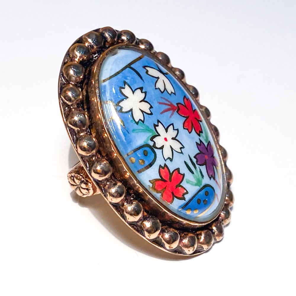 Amy Kahn Russell Bronze Ring with Hand-painted Oval Floral Center, Oversized - Picture 5 of 15